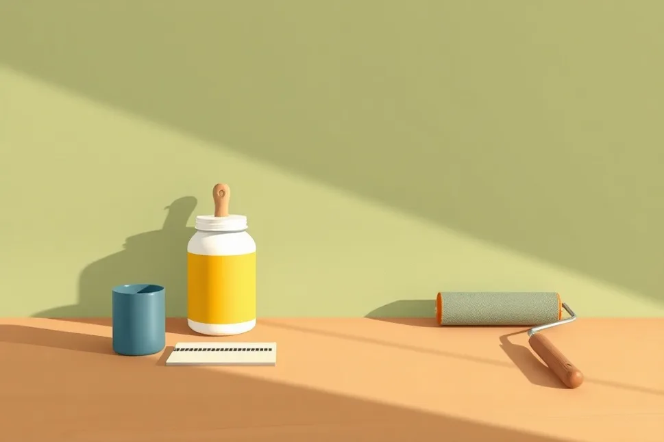 Outils de peinture disposés dans l'ordre des étapes du chantier
