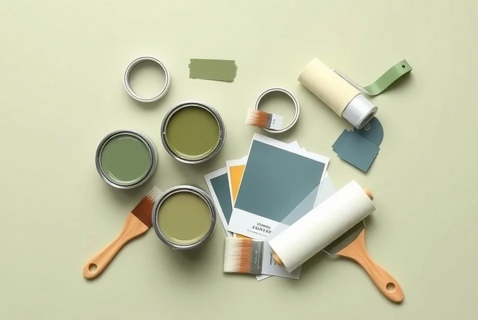 Pots de peinture, nuancier, brosses et rouleaux disposés à plat