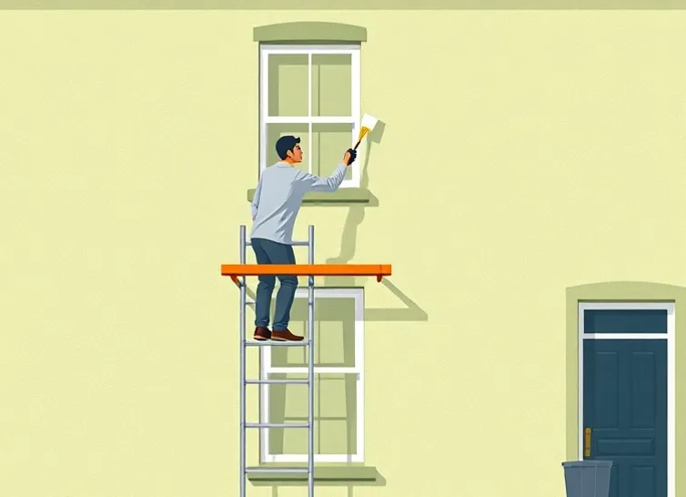 Peintre sur échafaudage traitant la façade d'une maison