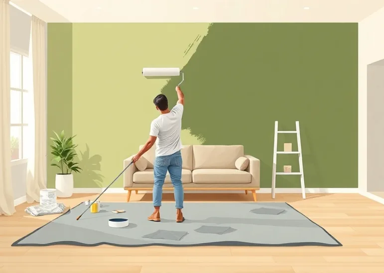 Peintre appliquant la peinture au rouleau sur un mur de salon